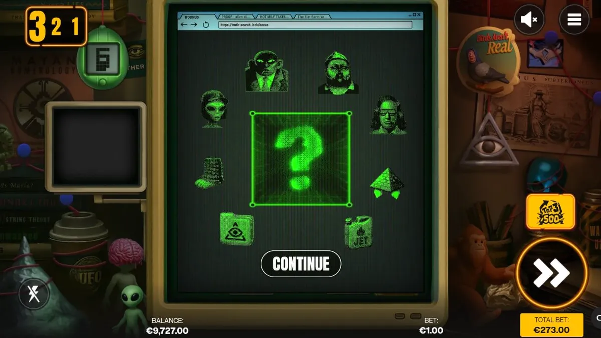 Tampilan layar slot Truth dengan tema konspirasi bunker retro dan monitor komputer tua.